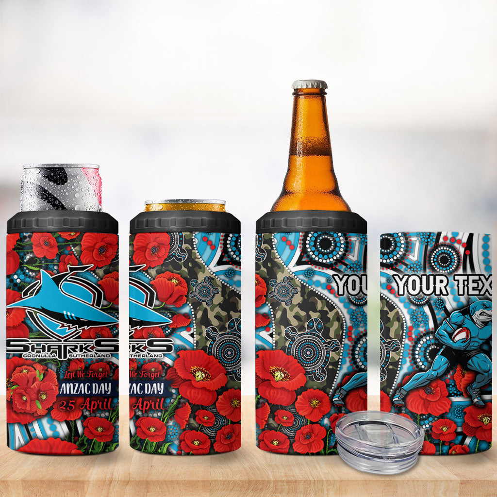Personalised Cronulla Sharks ANZAC 4 in 1 Can Cooler Tumbler Indigenous Wave Pattern Poppy Remembrance Shark Warrior