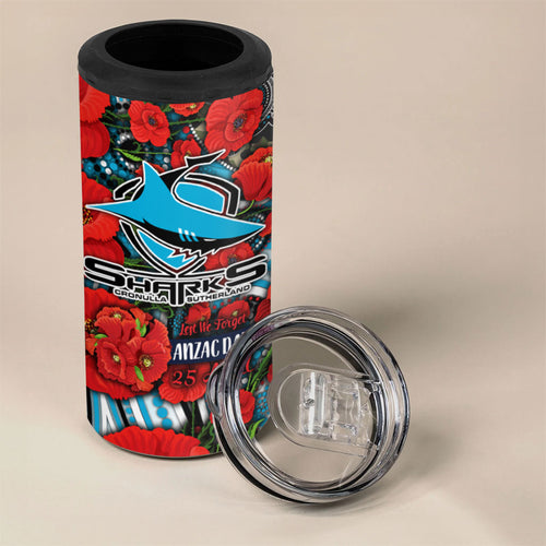 Personalised Cronulla Sharks ANZAC 4 in 1 Can Cooler Tumbler Indigenous Wave Pattern Poppy Remembrance Shark Warrior