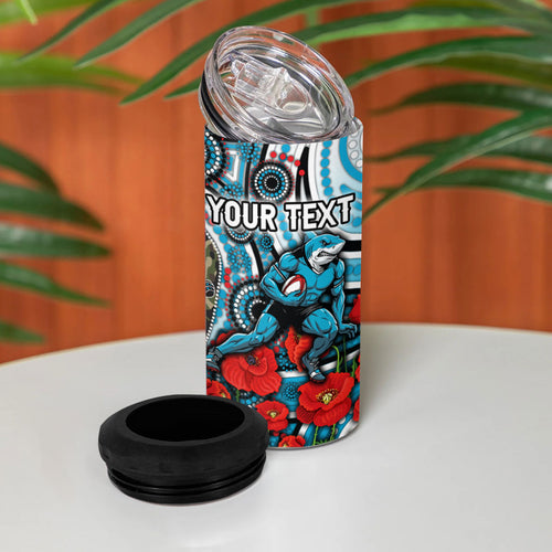 Personalised Cronulla Sharks ANZAC 4 in 1 Can Cooler Tumbler Indigenous Wave Pattern Poppy Remembrance Shark Warrior