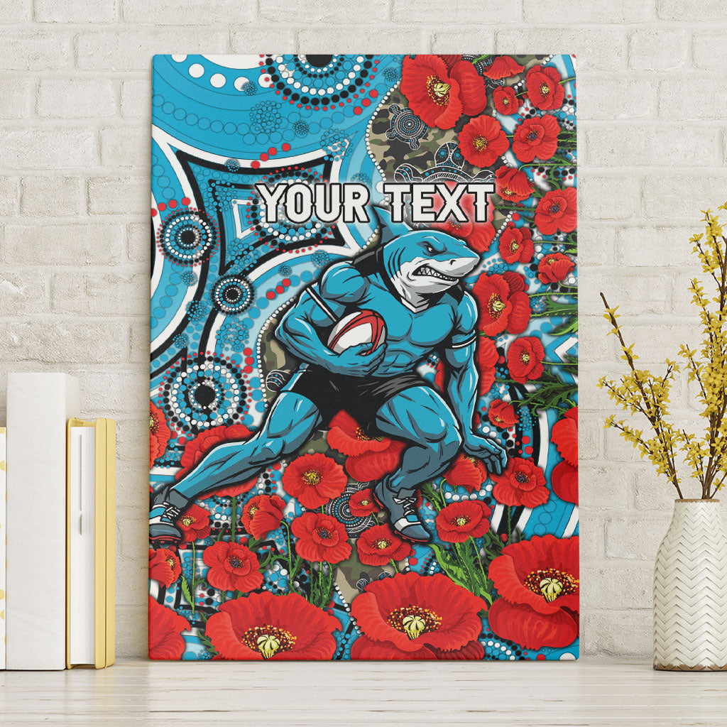 Personalised Cronulla Sharks ANZAC Canvas Wall Art Indigenous Wave Pattern Poppy Remembrance Shark Warrior
