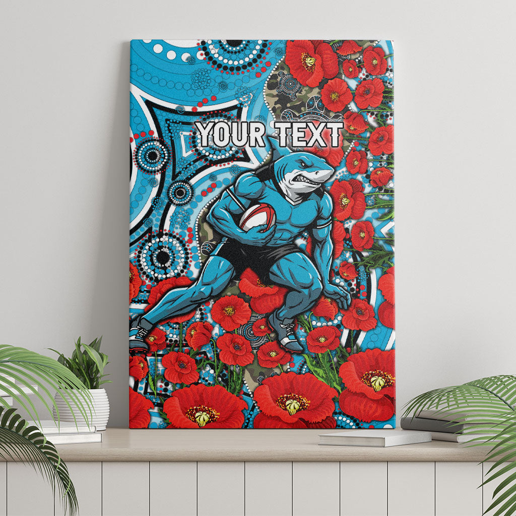 Personalised Cronulla Sharks ANZAC Canvas Wall Art Indigenous Wave Pattern Poppy Remembrance Shark Warrior