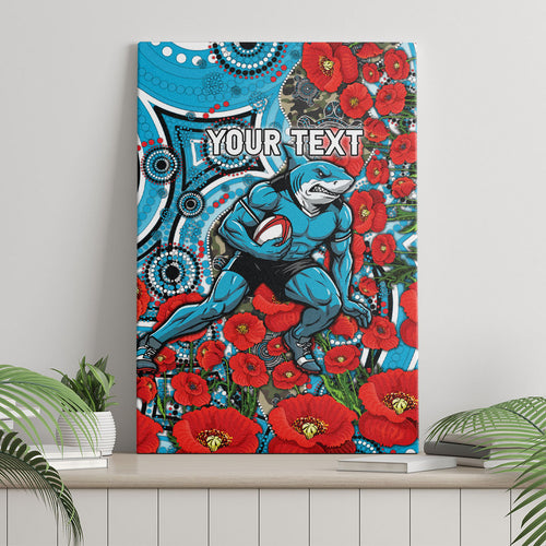 Personalised Cronulla Sharks ANZAC Canvas Wall Art Indigenous Wave Pattern Poppy Remembrance Shark Warrior