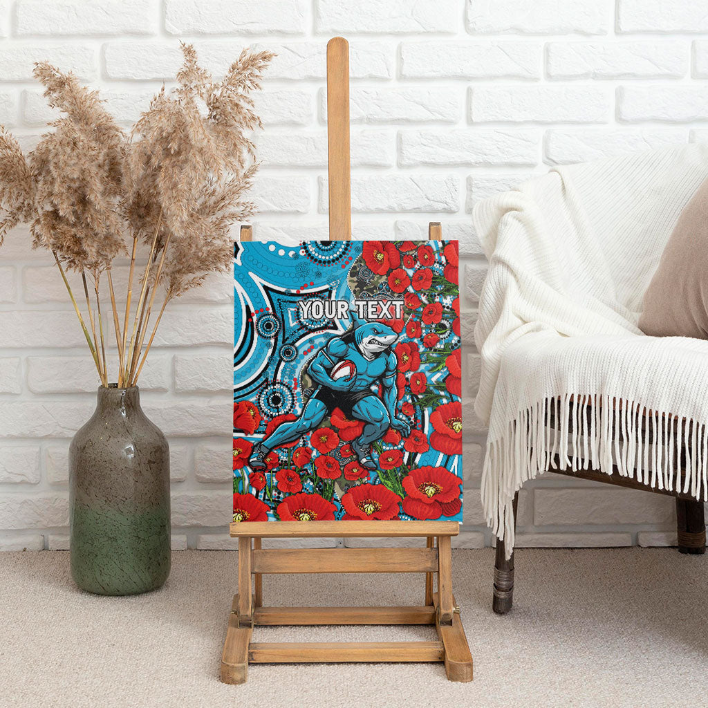 Personalised Cronulla Sharks ANZAC Canvas Wall Art Indigenous Wave Pattern Poppy Remembrance Shark Warrior