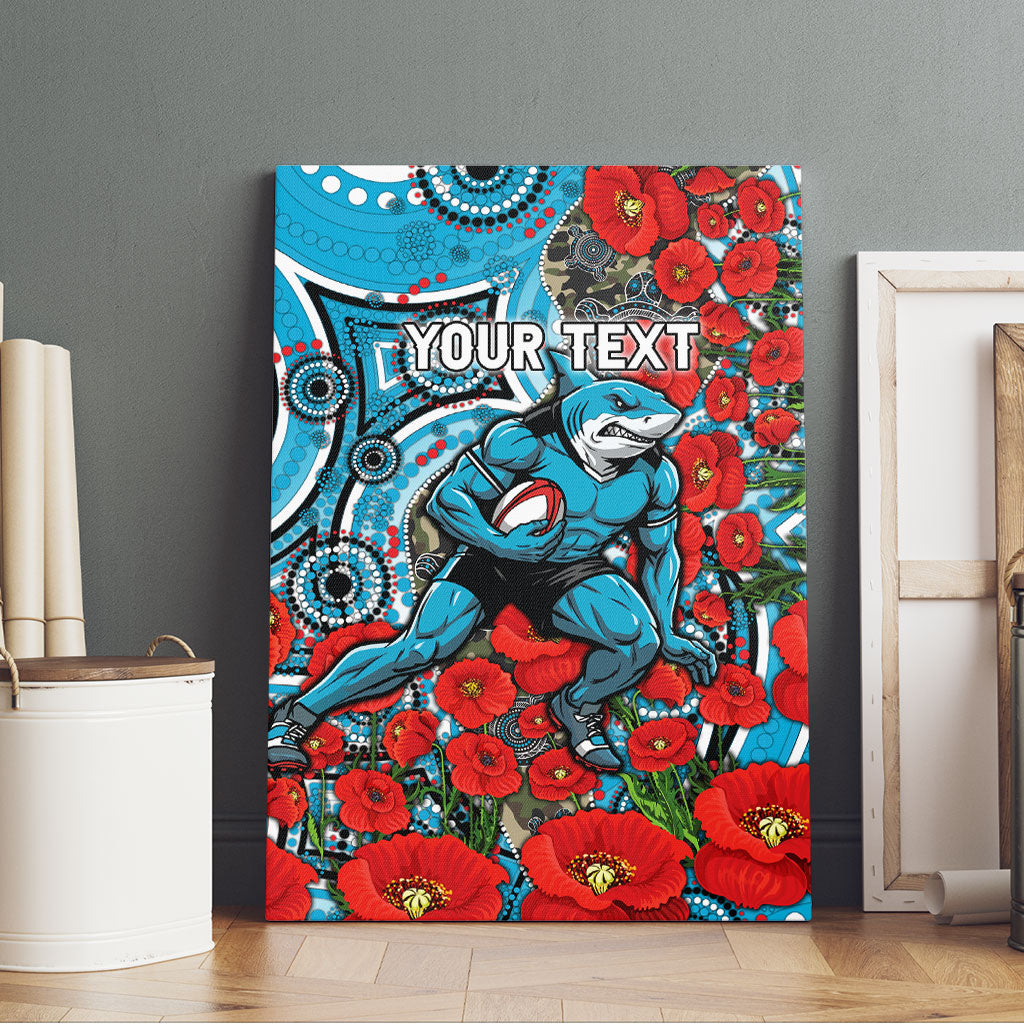 Personalised Cronulla Sharks ANZAC Canvas Wall Art Indigenous Wave Pattern Poppy Remembrance Shark Warrior
