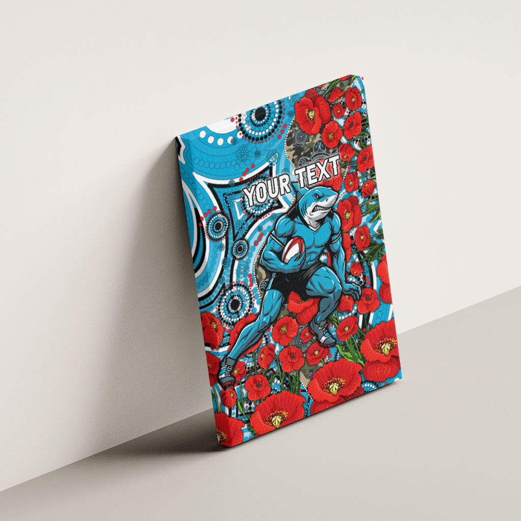 Personalised Cronulla Sharks ANZAC Canvas Wall Art Indigenous Wave Pattern Poppy Remembrance Shark Warrior