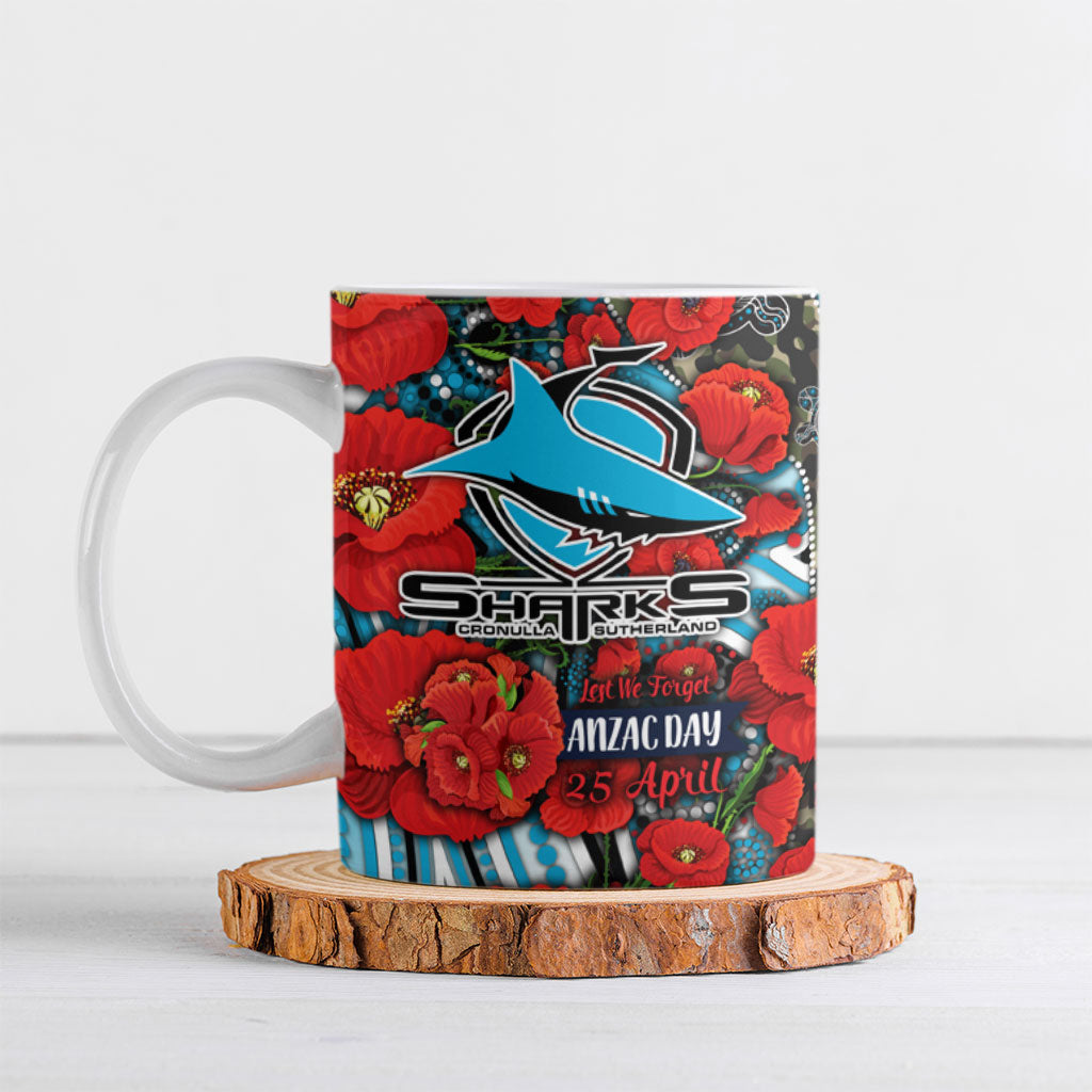 Personalised Cronulla Sharks ANZAC Ceramic Mug Indigenous Wave Pattern Poppy Remembrance Shark Warrior