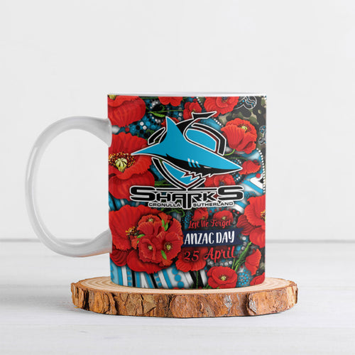 Personalised Cronulla Sharks ANZAC Ceramic Mug Indigenous Wave Pattern Poppy Remembrance Shark Warrior