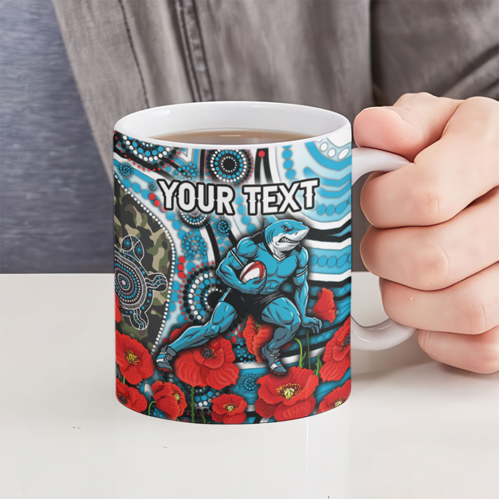 Personalised Cronulla Sharks ANZAC Ceramic Mug Indigenous Wave Pattern Poppy Remembrance Shark Warrior