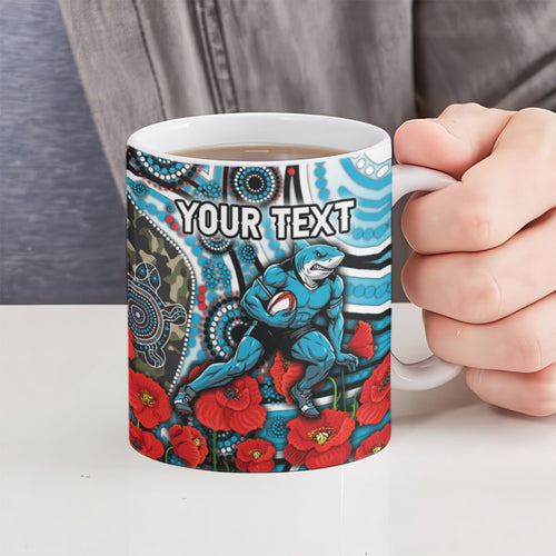 Personalised Cronulla Sharks ANZAC Ceramic Mug Indigenous Wave Pattern Poppy Remembrance Shark Warrior