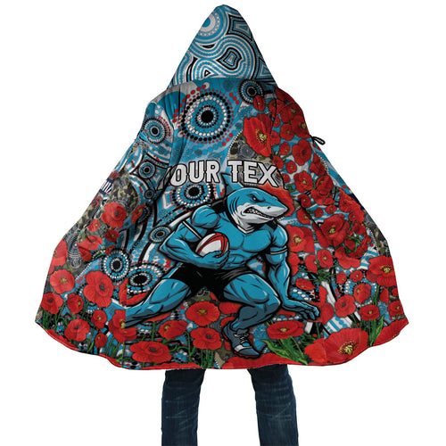 Personalised Cronulla Sharks ANZAC Cloak Indigenous Wave Pattern Poppy Remembrance Shark Warrior