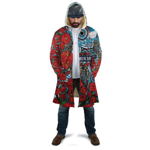 Personalised Cronulla Sharks ANZAC Cloak Indigenous Wave Pattern Poppy Remembrance Shark Warrior