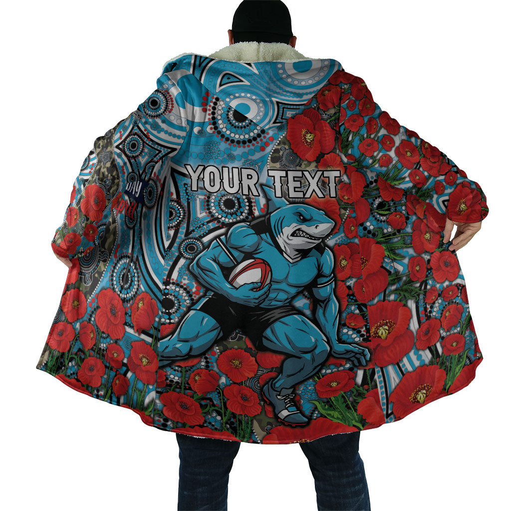 Personalised Cronulla Sharks ANZAC Cloak Indigenous Wave Pattern Poppy Remembrance Shark Warrior