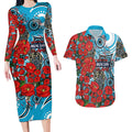 Personalised Cronulla Sharks ANZAC Couples Matching Long Sleeve Bodycon Dress and Hawaiian Shirt Indigenous Wave Pattern Poppy Remembrance Shark Warrior