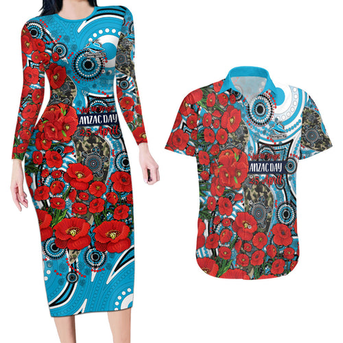 Personalised Cronulla Sharks ANZAC Couples Matching Long Sleeve Bodycon Dress and Hawaiian Shirt Indigenous Wave Pattern Poppy Remembrance Shark Warrior