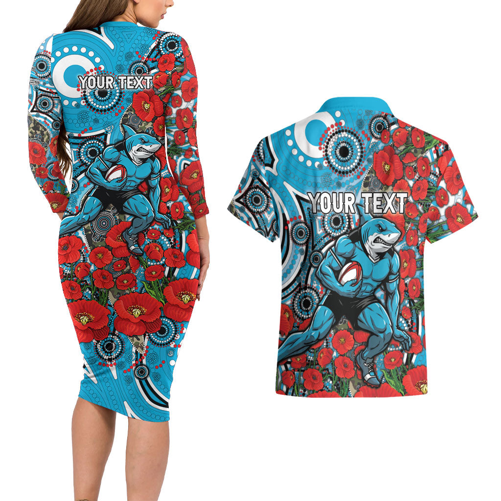Personalised Cronulla Sharks ANZAC Couples Matching Long Sleeve Bodycon Dress and Hawaiian Shirt Indigenous Wave Pattern Poppy Remembrance Shark Warrior