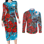Personalised Cronulla Sharks ANZAC Couples Matching Long Sleeve Bodycon Dress and Long Sleeve Button Shirt Indigenous Wave Pattern Poppy Remembrance Shark Warrior