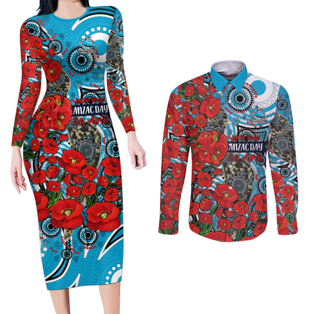 Personalised Cronulla Sharks ANZAC Couples Matching Long Sleeve Bodycon Dress and Long Sleeve Button Shirt Indigenous Wave Pattern Poppy Remembrance Shark Warrior