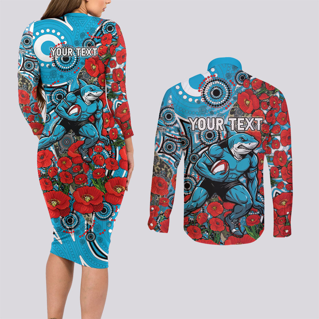 Personalised Cronulla Sharks ANZAC Couples Matching Long Sleeve Bodycon Dress and Long Sleeve Button Shirt Indigenous Wave Pattern Poppy Remembrance Shark Warrior