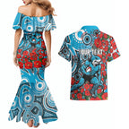Personalised Cronulla Sharks ANZAC Couples Matching Mermaid Dress and Hawaiian Shirt Indigenous Wave Pattern Poppy Remembrance Shark Warrior