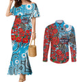 Personalised Cronulla Sharks ANZAC Couples Matching Mermaid Dress and Long Sleeve Button Shirt Indigenous Wave Pattern Poppy Remembrance Shark Warrior