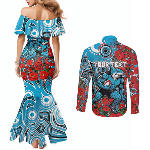 Personalised Cronulla Sharks ANZAC Couples Matching Mermaid Dress and Long Sleeve Button Shirt Indigenous Wave Pattern Poppy Remembrance Shark Warrior