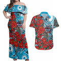 Personalised Cronulla Sharks ANZAC Couples Matching Off Shoulder Maxi Dress and Hawaiian Shirt Indigenous Wave Pattern Poppy Remembrance Shark Warrior