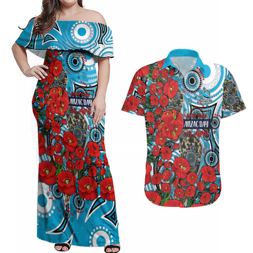 Personalised Cronulla Sharks ANZAC Couples Matching Off Shoulder Maxi Dress and Hawaiian Shirt Indigenous Wave Pattern Poppy Remembrance Shark Warrior