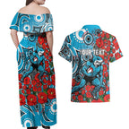 Personalised Cronulla Sharks ANZAC Couples Matching Off Shoulder Maxi Dress and Hawaiian Shirt Indigenous Wave Pattern Poppy Remembrance Shark Warrior
