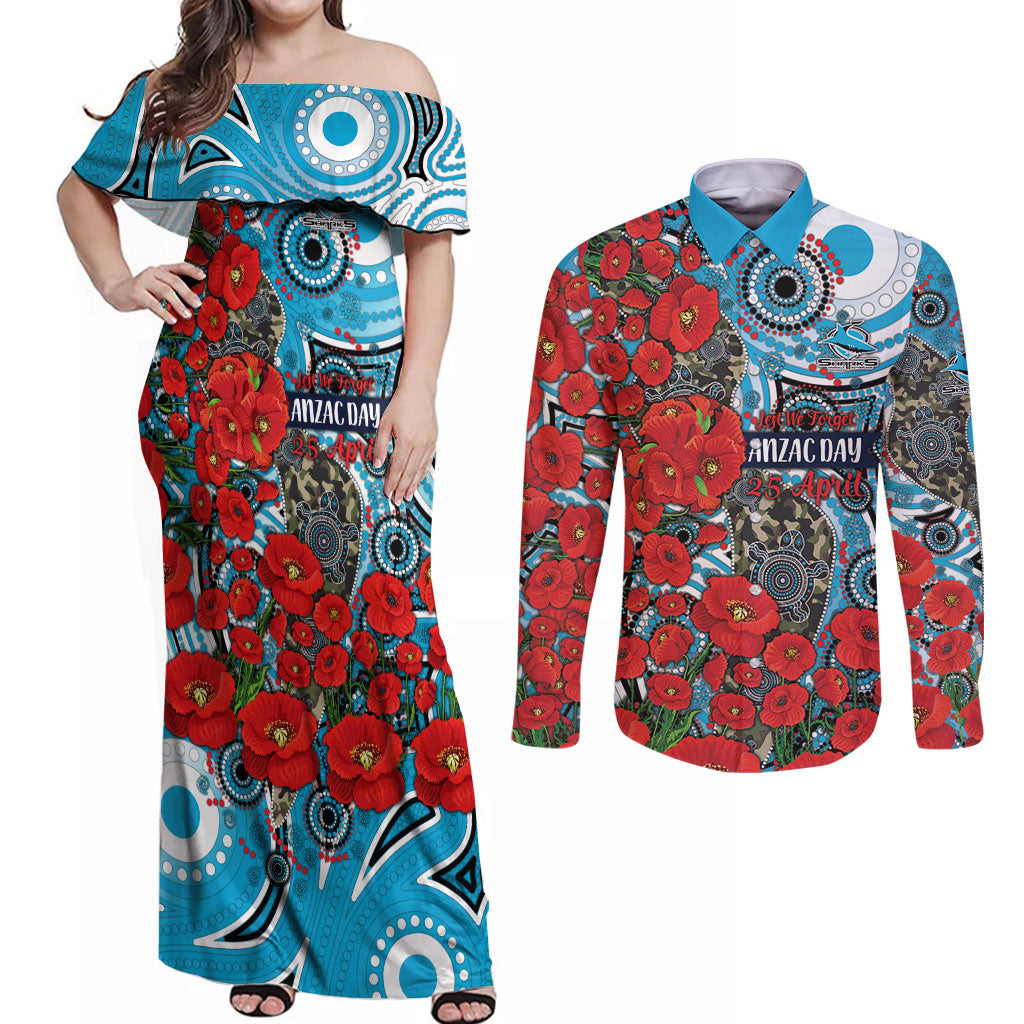 Personalised Cronulla Sharks ANZAC Couples Matching Off Shoulder Maxi Dress and Long Sleeve Button Shirt Indigenous Wave Pattern Poppy Remembrance Shark Warrior