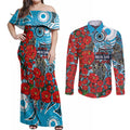 Personalised Cronulla Sharks ANZAC Couples Matching Off Shoulder Maxi Dress and Long Sleeve Button Shirt Indigenous Wave Pattern Poppy Remembrance Shark Warrior