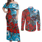 Personalised Cronulla Sharks ANZAC Couples Matching Off Shoulder Maxi Dress and Long Sleeve Button Shirt Indigenous Wave Pattern Poppy Remembrance Shark Warrior