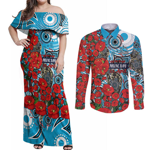 Personalised Cronulla Sharks ANZAC Couples Matching Off Shoulder Maxi Dress and Long Sleeve Button Shirt Indigenous Wave Pattern Poppy Remembrance Shark Warrior