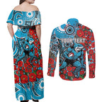 Personalised Cronulla Sharks ANZAC Couples Matching Off Shoulder Maxi Dress and Long Sleeve Button Shirt Indigenous Wave Pattern Poppy Remembrance Shark Warrior