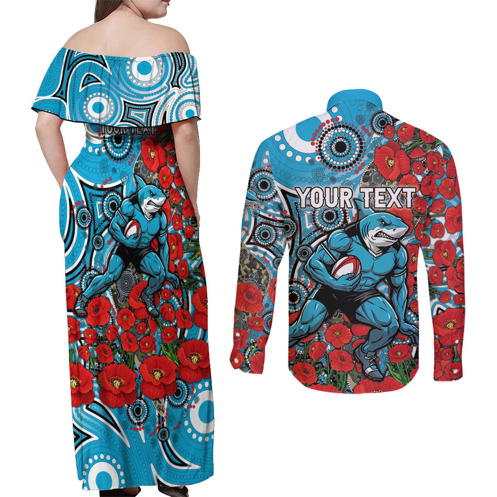 Personalised Cronulla Sharks ANZAC Couples Matching Off Shoulder Maxi Dress and Long Sleeve Button Shirt Indigenous Wave Pattern Poppy Remembrance Shark Warrior