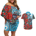 Personalised Cronulla Sharks ANZAC Couples Matching Off Shoulder Short Dress and Hawaiian Shirt Indigenous Wave Pattern Poppy Remembrance Shark Warrior