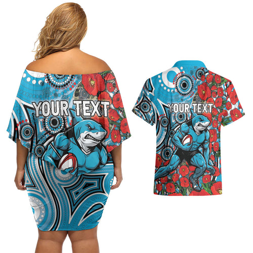 Personalised Cronulla Sharks ANZAC Couples Matching Off Shoulder Short Dress and Hawaiian Shirt Indigenous Wave Pattern Poppy Remembrance Shark Warrior