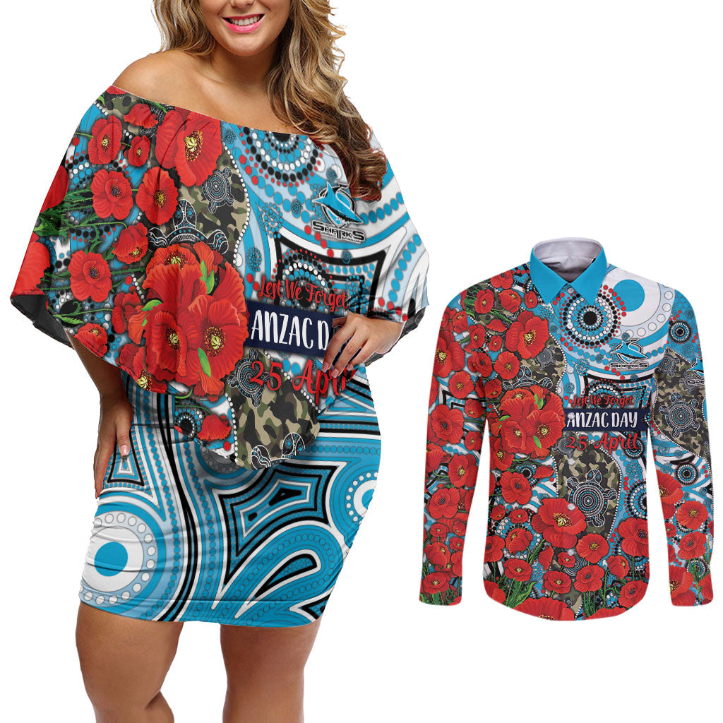 Personalised Cronulla Sharks ANZAC Couples Matching Off Shoulder Short Dress and Long Sleeve Button Shirt Indigenous Wave Pattern Poppy Remembrance Shark Warrior