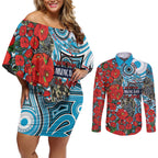 Personalised Cronulla Sharks ANZAC Couples Matching Off Shoulder Short Dress and Long Sleeve Button Shirt Indigenous Wave Pattern Poppy Remembrance Shark Warrior