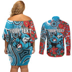 Personalised Cronulla Sharks ANZAC Couples Matching Off Shoulder Short Dress and Long Sleeve Button Shirt Indigenous Wave Pattern Poppy Remembrance Shark Warrior