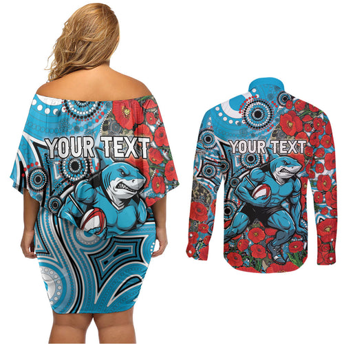 Personalised Cronulla Sharks ANZAC Couples Matching Off Shoulder Short Dress and Long Sleeve Button Shirt Indigenous Wave Pattern Poppy Remembrance Shark Warrior