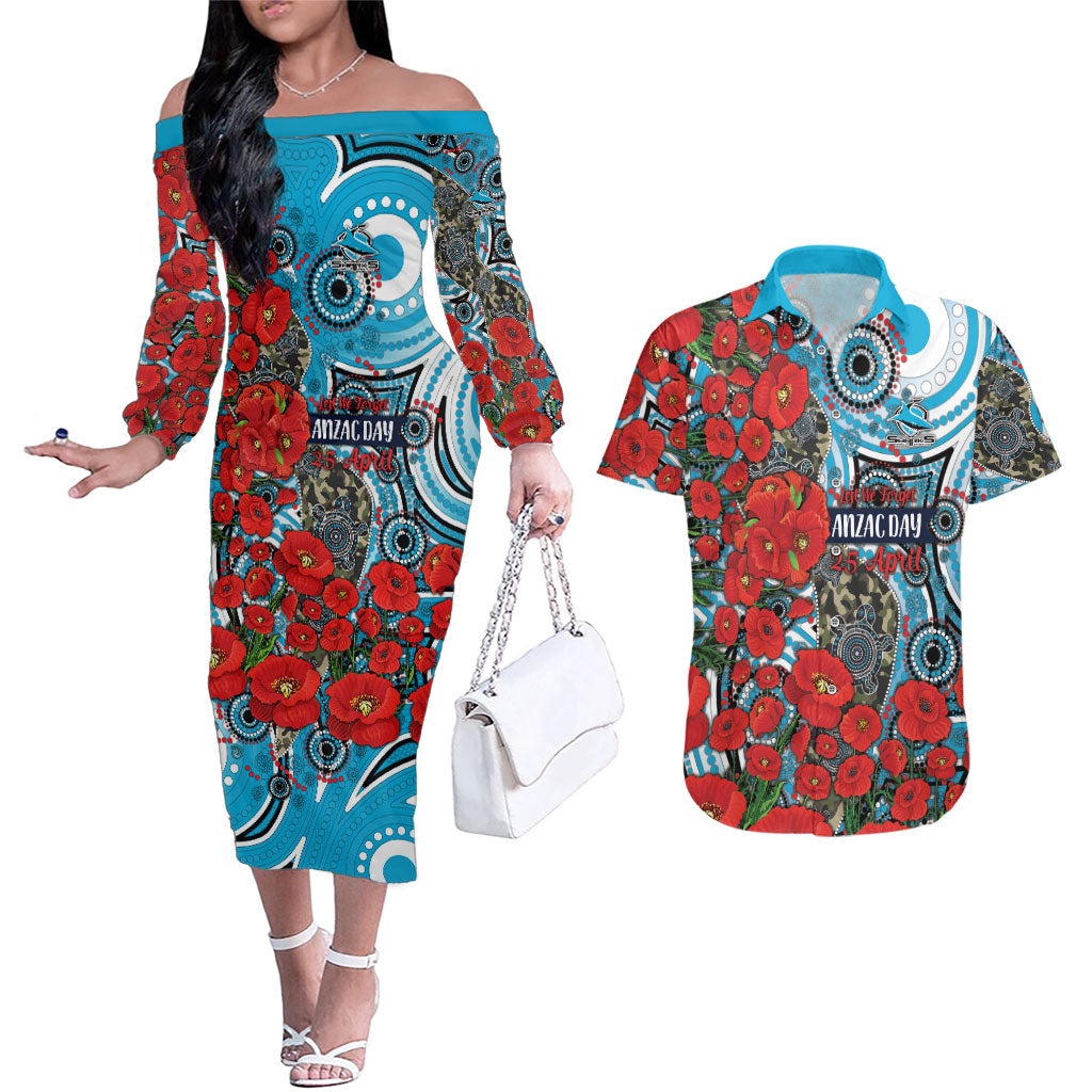 Personalised Cronulla Sharks ANZAC Couples Matching Off The Shoulder Long Sleeve Dress and Hawaiian Shirt Indigenous Wave Pattern Poppy Remembrance Shark Warrior