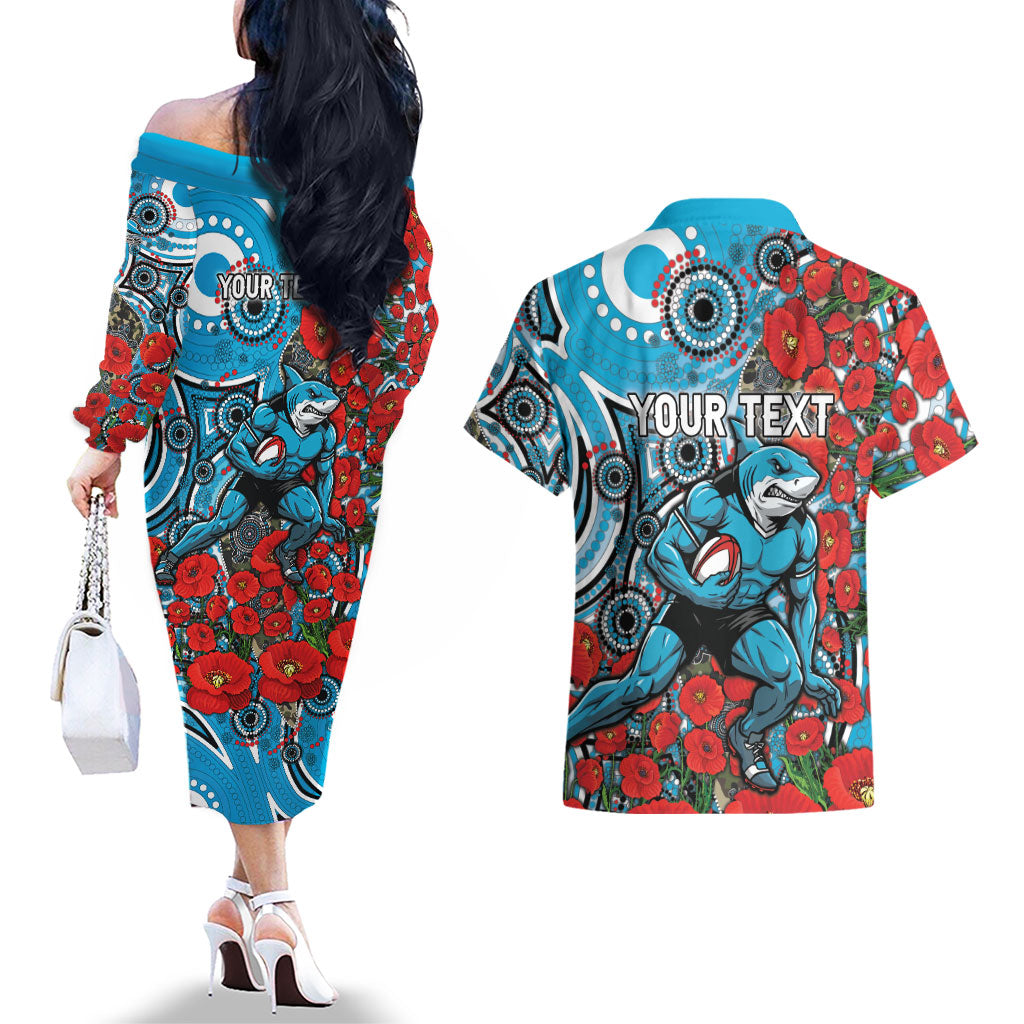 Personalised Cronulla Sharks ANZAC Couples Matching Off The Shoulder Long Sleeve Dress and Hawaiian Shirt Indigenous Wave Pattern Poppy Remembrance Shark Warrior