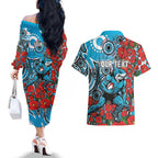 Personalised Cronulla Sharks ANZAC Couples Matching Off The Shoulder Long Sleeve Dress and Hawaiian Shirt Indigenous Wave Pattern Poppy Remembrance Shark Warrior