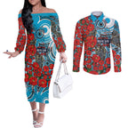 Personalised Cronulla Sharks ANZAC Couples Matching Off The Shoulder Long Sleeve Dress and Long Sleeve Button Shirt Indigenous Wave Pattern Poppy Remembrance Shark Warrior
