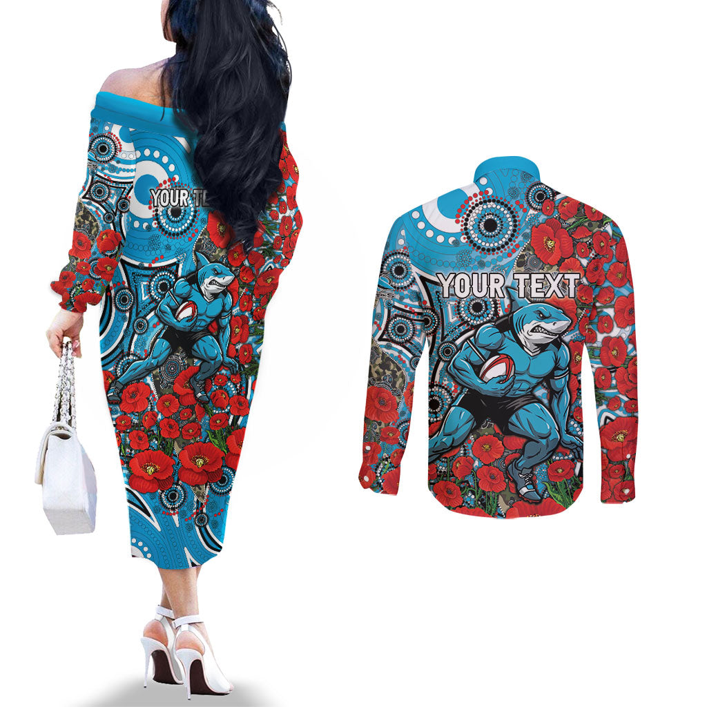 Personalised Cronulla Sharks ANZAC Couples Matching Off The Shoulder Long Sleeve Dress and Long Sleeve Button Shirt Indigenous Wave Pattern Poppy Remembrance Shark Warrior