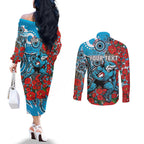 Personalised Cronulla Sharks ANZAC Couples Matching Off The Shoulder Long Sleeve Dress and Long Sleeve Button Shirt Indigenous Wave Pattern Poppy Remembrance Shark Warrior