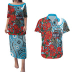 Personalised Cronulla Sharks ANZAC Couples Matching Puletasi and Hawaiian Shirt Indigenous Wave Pattern Poppy Remembrance Shark Warrior