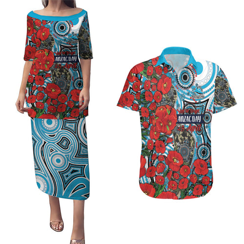 Personalised Cronulla Sharks ANZAC Couples Matching Puletasi and Hawaiian Shirt Indigenous Wave Pattern Poppy Remembrance Shark Warrior