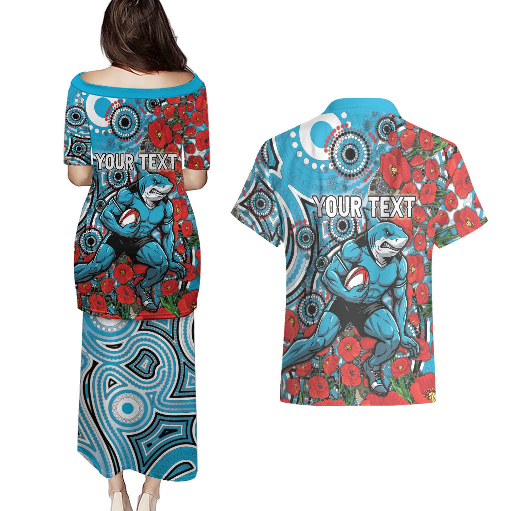 Personalised Cronulla Sharks ANZAC Couples Matching Puletasi and Hawaiian Shirt Indigenous Wave Pattern Poppy Remembrance Shark Warrior