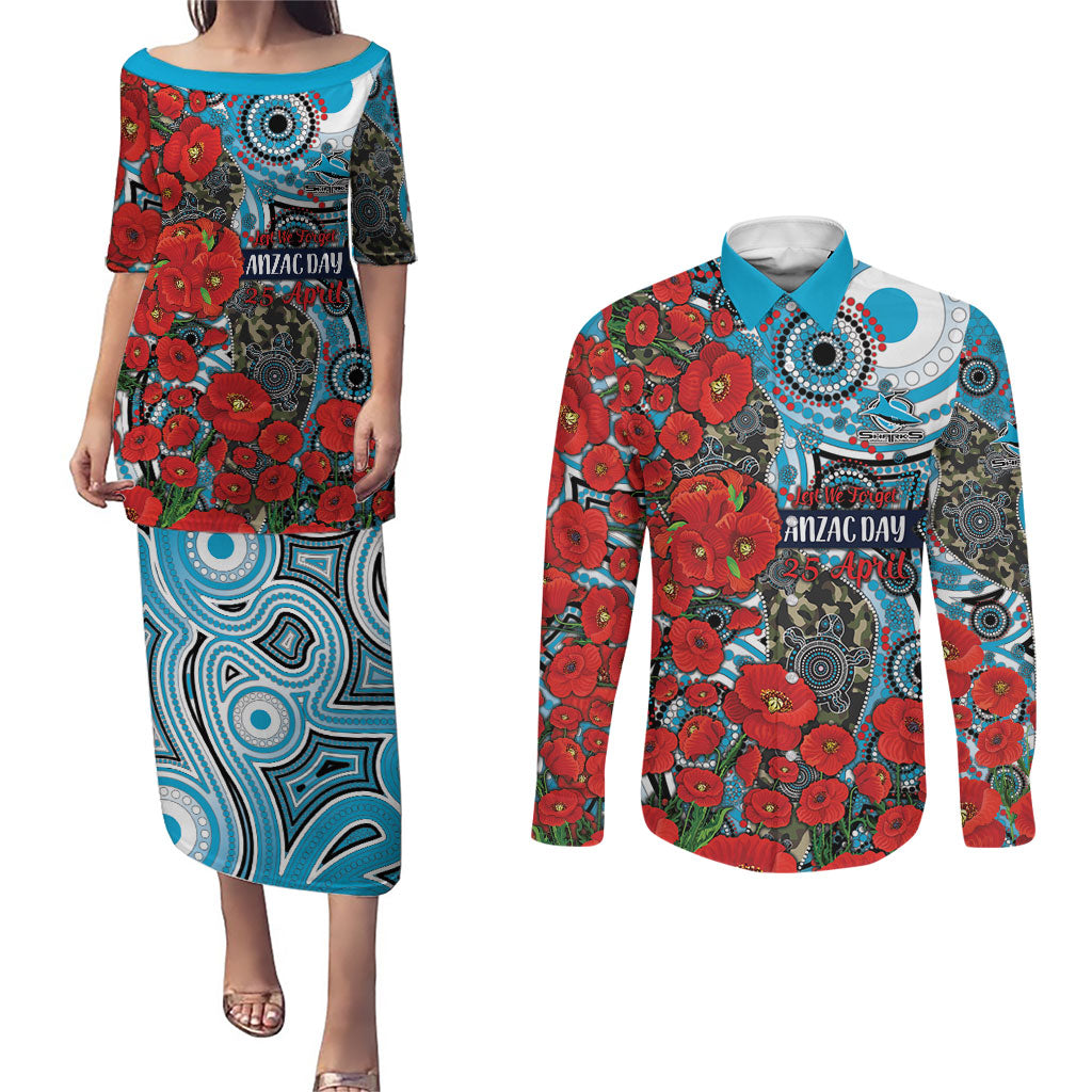 Personalised Cronulla Sharks ANZAC Couples Matching Puletasi and Long Sleeve Button Shirt Indigenous Wave Pattern Poppy Remembrance Shark Warrior